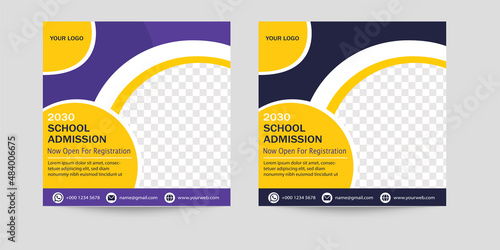 Set of School admission social media post design vector eps file. Editable modern Facebook and Instagram post with dark blue and yellow color.
