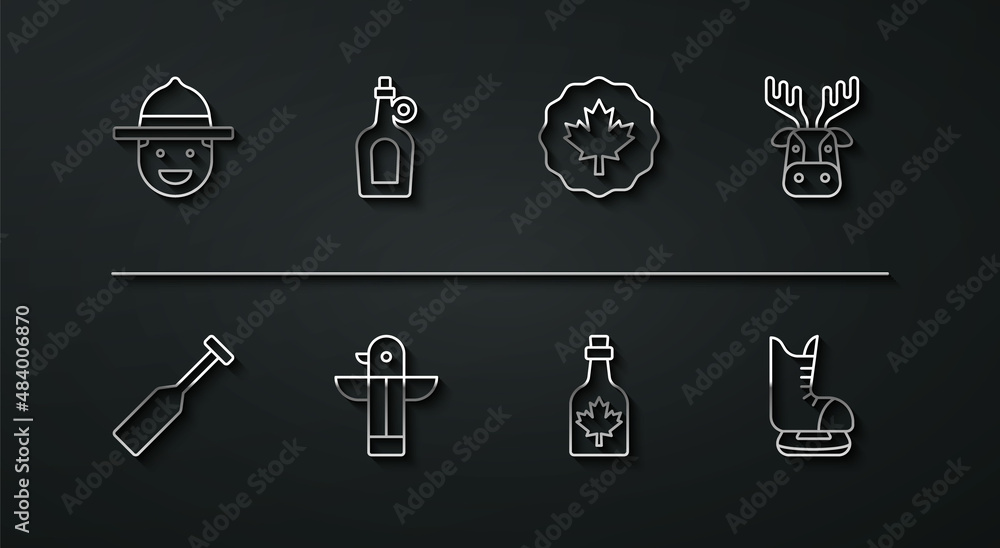 Set line Canadian ranger hat, Paddle, Deer head with antlers, Bottle of maple syrup, totem pole, Skates and leaf icon. Vector Set line Canadian ranger hat, Paddle, Deer head with antlers, Bottle of maple syrup, totem pole, Skates and leaf icon. Vector