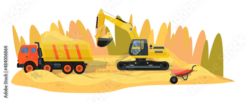 Detailed illustration with sand mining in a sand pit. Heavy industrial transport.