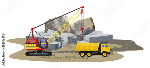 Detailed illustration with granite stone mining. Heavy industrial machinery.
