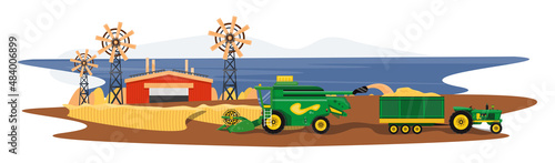 Detailed illustration of agro industry. Grain harvesters on the farm.