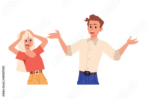 People shout, have nervous conflict conversation, partners in bad relationship