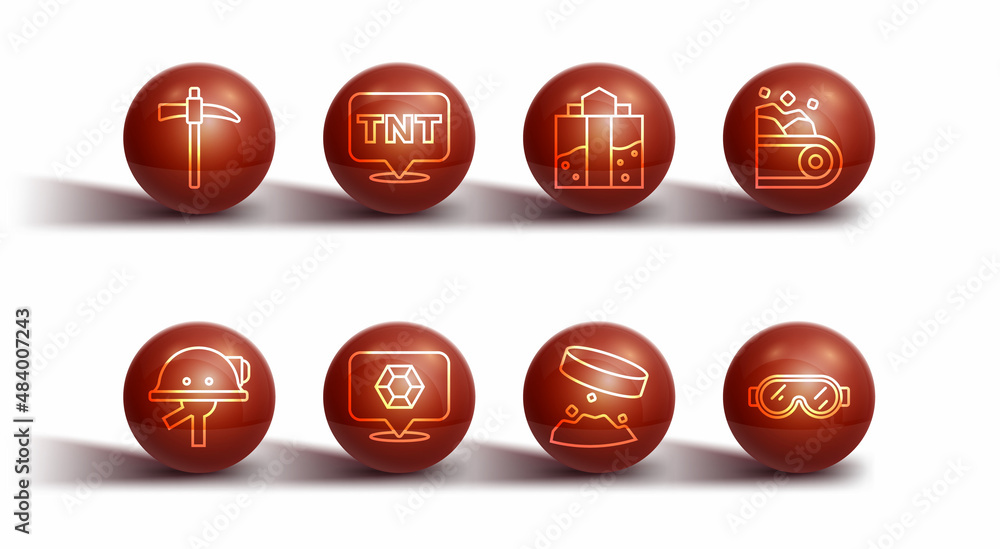 Set line Pickaxe, Miner helmet, Conveyor belt carrying coal, Giant magnet holding iron dust, Gem stone, Dynamite, Safety goggle glasses and entrance icon. Vector Set line Pickaxe, Miner helmet, Conveyor belt carrying coal, Giant magnet holding iron dust, Gem stone, Dynamite, Safety goggle glasses and entrance icon. Vector