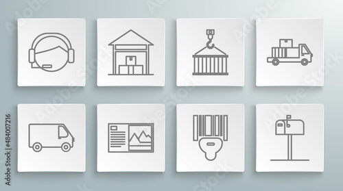 Set line Delivery cargo truck vehicle, Warehouse, Postcard, Scanner scanning bar code, Open mail box, Container on crane, with cardboard boxes and Support operator touch icon. Vector