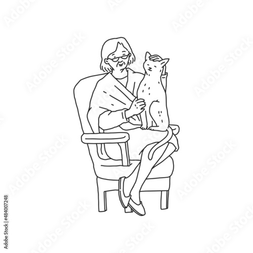 Elderly woman is sitting in a chair and stroking cat pet. Doodle black white contour line illustration.