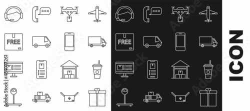 Set line Gift box, Coffee cup, Delivery cargo truck vehicle, drone with the package, Cardboard free symbol, Support operator in touch and Mobile phone app delivery tracking icon. Vector