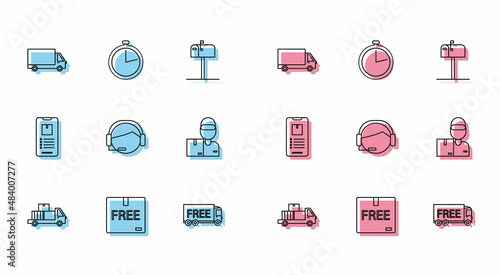 Set line Delivery truck with cardboard boxes, Cardboard free symbol, cargo vehicle, Free delivery service, Support operator in touch, man, Mobile phone app tracking and Stopwatch icon. Vector