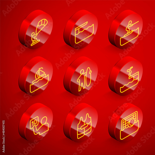 Set line Kitesurfing, Diving board or springboard, Water skiing man, Yacht sailboat, Surfboard, Swimmer diving into pool, Assessment of judges and Life jacket icon. Vector