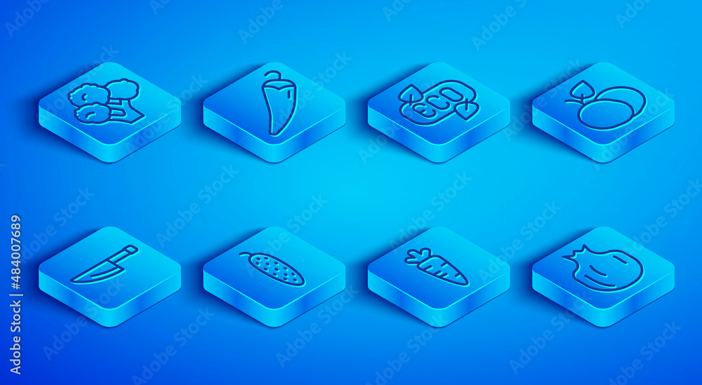 Set line Broccoli, Hot chili pepper, Leaf Eco symbol, Cucumber, Carrot, Mango fruit, Knife and Pomegranate icon. Vector Set line Broccoli, Hot chili pepper, Leaf Eco symbol, Cucumber, Carrot, Mango fruit, Knife and Pomegranate icon. Vector