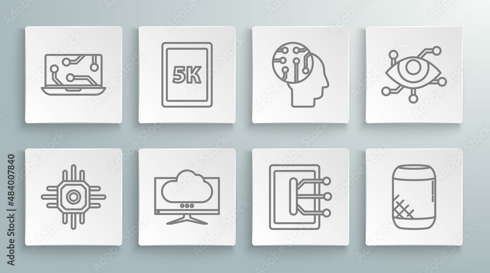 Set line Processor, Tablet with text 5k, Computer monitor screen, Voice assistant, Human brain digital circuit board, Virtual reality and Laptop icon. Vector Set line Processor, Tablet with text 5k, Computer monitor screen, Voice assistant, Human brain digital circuit board, Virtual reality and Laptop icon. Vector