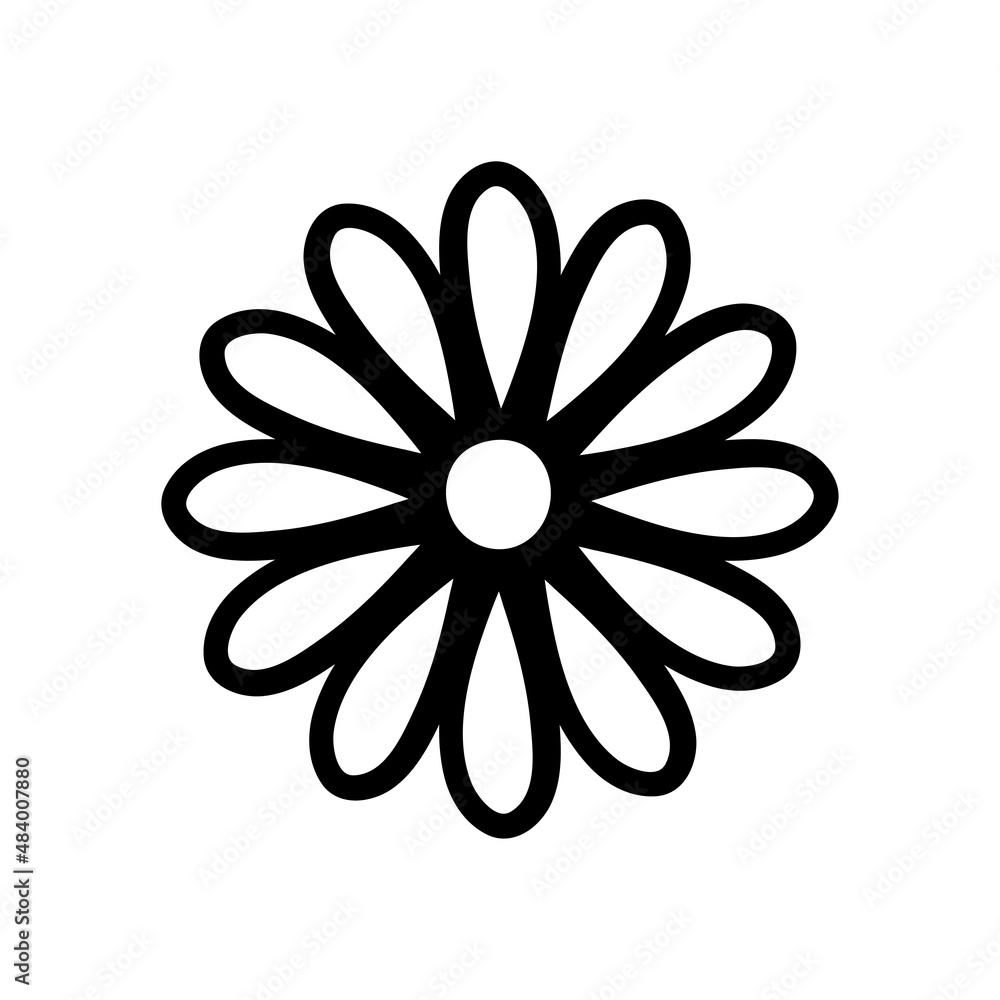 Flower icon. Black contour linear silhouette. Top view in front. Vector simple flat graphic hand drawn illustration. Isolated object on a white background. Isolate. Flower icon. Black contour linear silhouette. Top view in front. Vector simple flat graphic hand drawn illustration. Isolated object on a white background. Isolate.