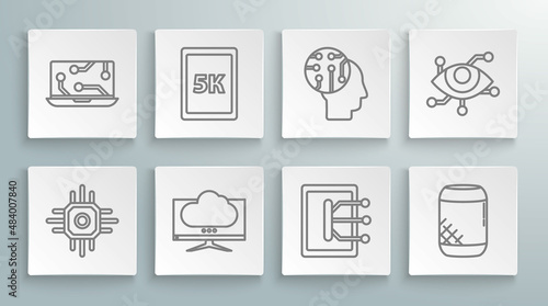 Set line Processor, Tablet with text 5k, Computer monitor screen, Voice assistant, Human brain digital circuit board, Virtual reality and Laptop icon. Vector