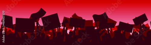 Silhouette of a protesting crowd with flags and banners. Appeal to representatives of state power, change in the political situation. Vector