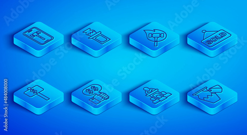 Set line Online auction, Auction ancient vase, hammer, Hand holding paddle, auctioneer sells, sold, and icon. Vector