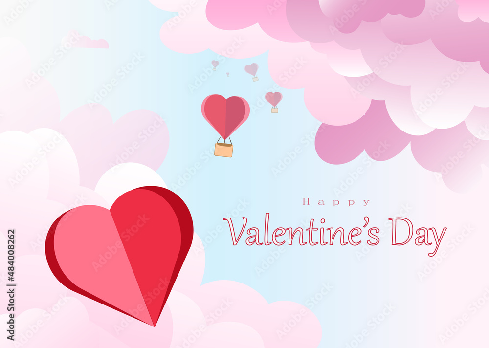 valentine's day illustration with paper hearts and balloons in pink clouds
