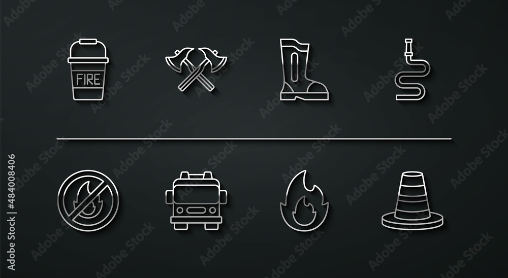 Set line Fire bucket, No fire, hose reel, flame, truck, Firefighter axe, Traffic cone and boots icon. Vector Set line Fire bucket, No fire, hose reel, flame, truck, Firefighter axe, Traffic cone and boots icon. Vector