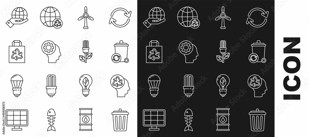Set line Trash can, Human head with recycle, Recycle bin symbol, Wind turbine, gear inside, Paper shopping bag, hands holding Earth globe and Light bulb leaf icon. Vector Set line Trash can, Human head with recycle, Recycle bin symbol, Wind turbine, gear inside, Paper shopping bag, hands holding Earth globe and Light bulb leaf icon. Vector