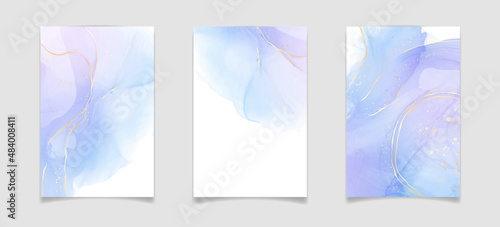 Violet cyan blue liquid watercolor background with golden stains. Teal mauve purple marble alcohol ink drawing effect. Vector illustration design template for wedding invitation, menu, rsvp