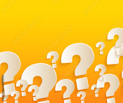 There are a lot of paper question marks, large and small, on bright orange background.