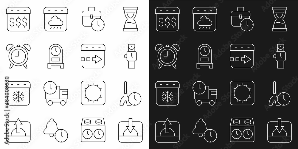 Set line Sunset, Cleaning time, Wrist watch, Work, Antique clock, Alarm, Payday, calendar with dollar and Time flies on the icon. Vector Set line Sunset, Cleaning time, Wrist watch, Work, Antique clock, Alarm, Payday, calendar with dollar and Time flies on the icon. Vector