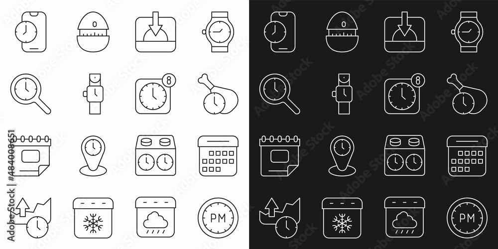 Set line Day time, Calendar, Food, Sunset, Wrist watch, Magnifying glass with clock, Alarm app mobile and icon. Vector Set line Day time, Calendar, Food, Sunset, Wrist watch, Magnifying glass with clock, Alarm app mobile and icon. Vector