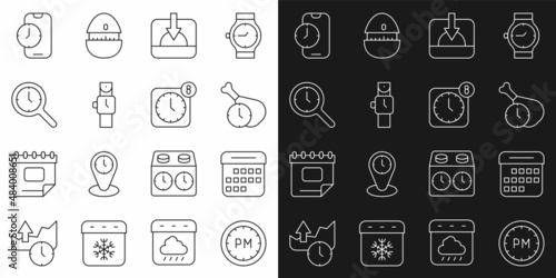 Set line Day time, Calendar, Food, Sunset, Wrist watch, Magnifying glass with clock, Alarm app mobile and icon. Vector