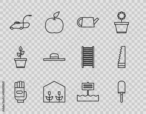 Set line Garden gloves, trowel spade or shovel, Watering can, Home greenhouse and plants, Lawn mower, Worker hat, Blank wooden sign board and saw icon. Vector