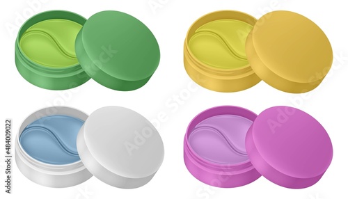 Set of realistic eye patches in cosmetics jars. Green, pink, yellow and blue gel patches. Facial Skin Care. Collagen Mask. Hydrogel Cosmetic Product. Korean cosmetics.	