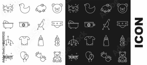 Set line Teddy bear plush toy, Baby bottle, absorbent diaper, Rattle baby, potty, bathtub, Carnival garland with flags and stroller icon. Vector