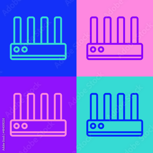 Pop art line Router and wi-fi signal icon isolated on color background. Wireless ethernet modem router. Computer technology internet. Vector