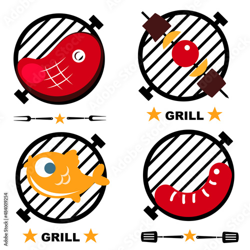 Grill set with steak, sausages, fish and vegetables on skewers.Symbol of a grilled steak.