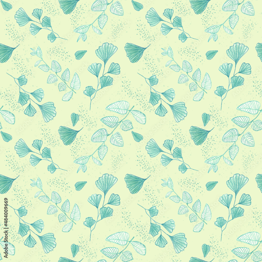 Flower seamless pattern with abstract floral branches with leaves, blossom flowers and berries.  Design for banner, poster, postcard, invitation, wallpaper, fabric and scrapbook