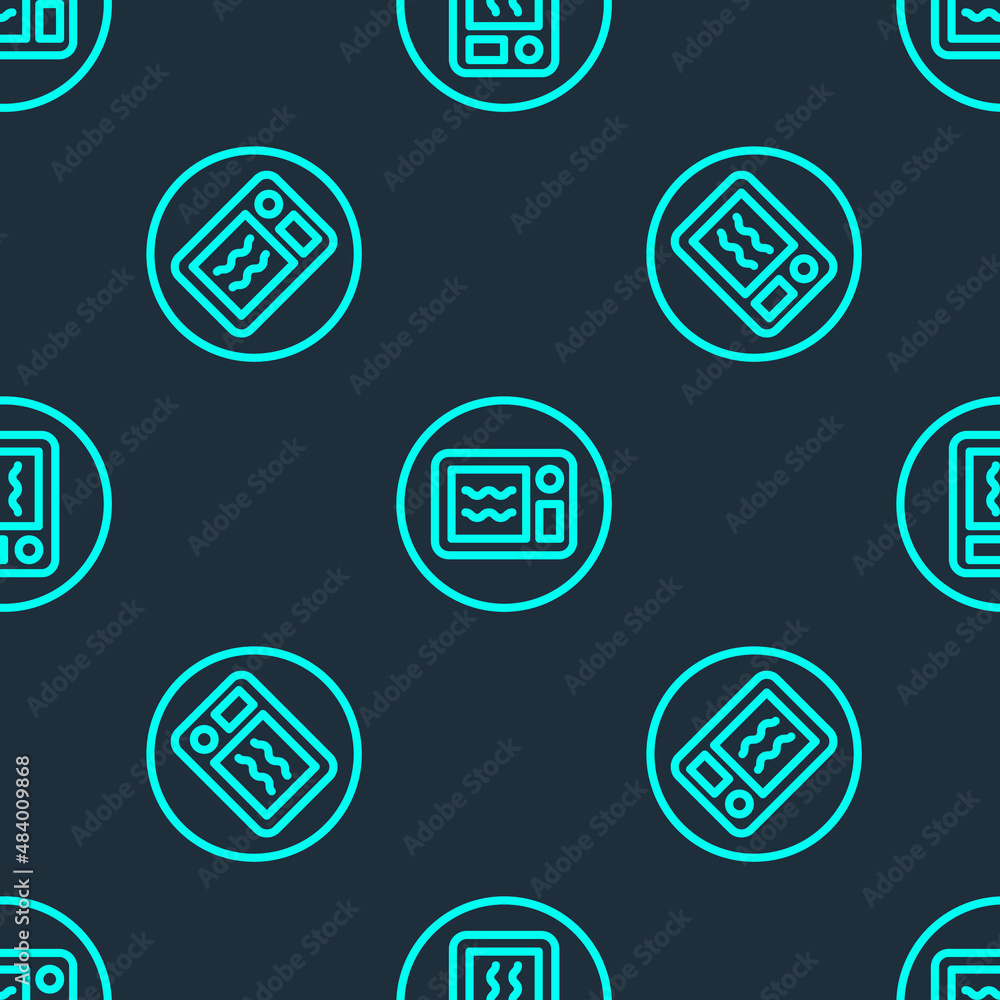 Fototapeta premium Green line Microwave oven icon isolated seamless pattern on blue background. Home appliances icon. Can be heated in microwave. Vector
