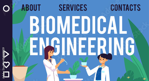 Female scientists research plants in field of biomedical engineering, landing page template, flat vector illustration.