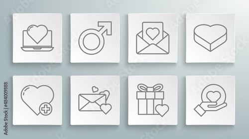Set line Heart, Male gender symbol, Envelope with heart, Gift box and, on hand, Candy in shaped and Laptop icon. Vector
