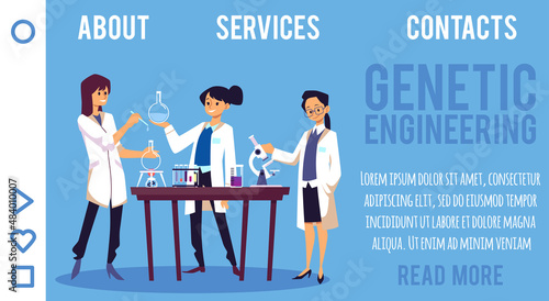 Group of female scientists study genetic engineering - landing page template, flat vector illustration.