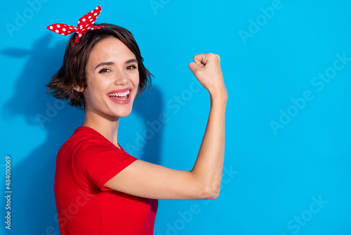 Print op canvas Profile side photo of young excited girl fits hand rejoice success isolated over