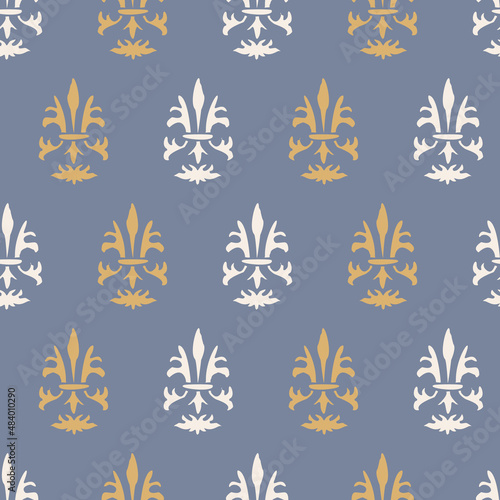 French fleur de lis royal lily seamless pattern. Farmhouse cottage background. Lilies lys flower flourish motif allover rustic damask.