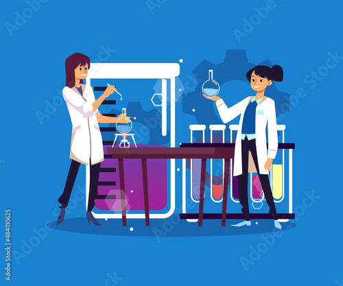 Biomedical chemical laboratory with scientists flat vector illustration isolated.