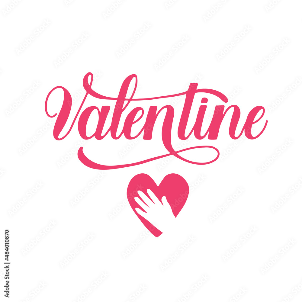 Naklejka premium Be my Valentine lettering and hand touching red heart on white background.