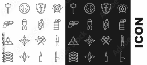 Set line Police rubber baton, Military knife, Hand grenade, Medieval shield with sword, Aviation bomb, Pistol gun, Battle hammer and dynamite stick timer clock icon. Vector