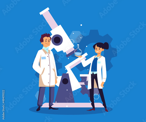 Biomedical and bioengineering scientists, flat vector illustration isolated.