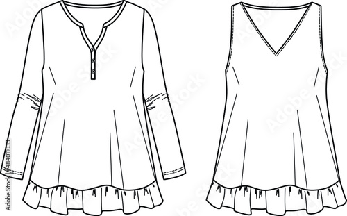 Vector V-neck blouse with frilled hem fashion CAD, woman loose fit top with button details technical drawing, template, sketch, flat. Jersey or woven fabric t-shirt with front, back view, white color