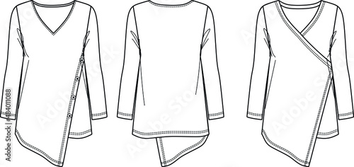 Vector V neck asymmetric blouse fashion CAD, woman wrap long top with button details technical drawing, template, sketch, flat. Jersey or woven fabric tunic with front, back view, white color