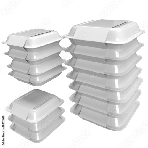 3D Illustration - Drei Stapel mit Take Away Boxen für Speisen. Ideal für einen Imbiss, ein China- oder Thai-Restaurant.