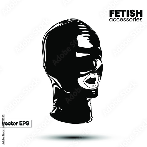 Vector fetish black latex mask head illustration isolated on white background.