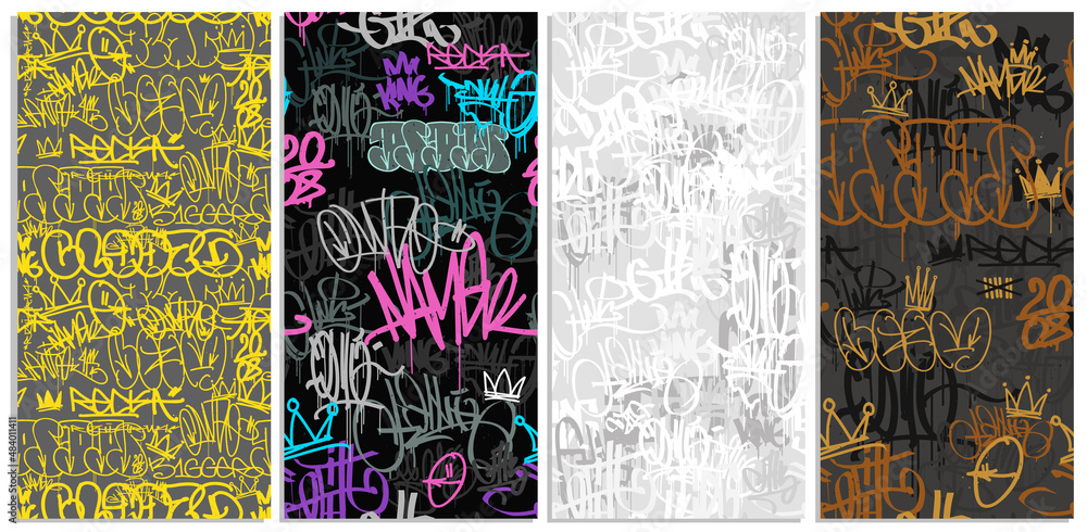 Colorful graffiti hip-hop tags with street art seamless pattern set - vector background. Doodle style endless background for print fabric and textile design. Spray paint graffiti tags	 - obrazy, fototapety, plakaty 