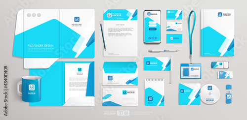 Business Stationery Brand Identity Mockup set with blue and white abstract geometric design. Stationary items mockup template of Guide, annual report cover, envelope, brochure, folder