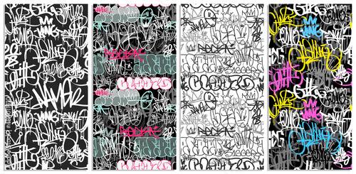 Colorful graffiti hip-hop tags with street art seamless pattern set - vector background. Doodle style endless background for print fabric and textile design. Spray paint graffiti tags	 photo