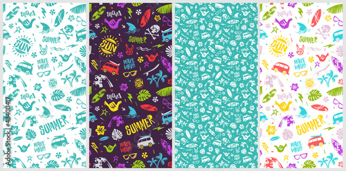 Summer time doodle style printable seamless pattern - editable vector template. Surfing tropical beach elements for print fabric design. Surf elements for print fabric, t-shirt, textile and apparel